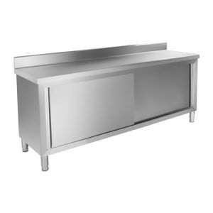 Royal Catering Meuble-bas Inox Rangement Cuisine RCAT-200/60-C (200x60x96cm, deux portes coulissantes, capacité de charge 160 kg, pieds ajustables) (expondo GmbH, neuf)