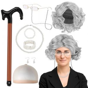 9 Pièces Deguisement Grand Mere, Deguisement Mamie avec Bonnet Perruque, Collier De Perles, Boucles D'oreilles, Bracelet, Canne Gonflable et Lunettes avec Chaîne, Perruque Vieille Dame (yameimy, neuf)
