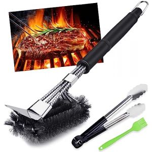 VDISRR Lot de 3 brosses pour barbecue en fonte - Poils en acier inoxydable &agrave; trois rang&eacute;es - Longue poign&eacute;e en plastique - Pour barbecue au charbon de bois, &eacute;lectrique et &agrave; gaz (FEITAO, neuf)