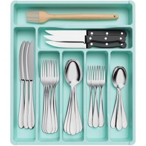 Lifewit Range Couverts pour Tiroir, Organisateur Couverts Tiroir Cuisine Rangement Ustensiles Bac de Rangement Couvert pour Cuillères Fourchettes Couteaux Vaisselle, 7 Compartiments, Turquoise (Lifewit Home FR, neuf)