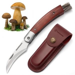 DRACHENADER Couteau champignon N-1, Couteau à champignons avec brosse/pinceau intégré, Liner Lock, étui en cuir, Acier 5Cr14MoV, manche en bois, parfait pour cueillir et nettoyer les champignons (DRACHENADER, neuf)