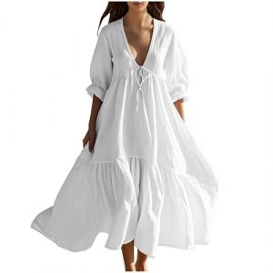 Femme Robe Boheme Chic Coton Lin Manches Longues/Manches Courtes Robe Col V Elegant Robes Swing D'éTé Plage DéContracté Maxi Robes Grande Taille Couleur Unie BohèMe Mi-Longue Dress (HAOLEI  FR, neuf)