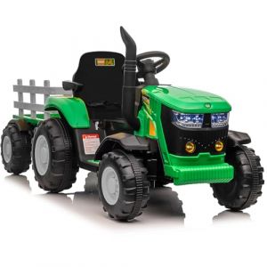 Tracteur &Eacute;lectrique Enfants avec Remorque Amovible Double Moteur 35W, Voiture &Eacute;lectrique 12V &agrave; 6 Pneus pour Tout-Petits avec T&eacute;l&eacute;commande, Musique, 3 Vitesses, Phares &agrave; 7 LED, Klaxon (Vert) (XiangguanUK, neuf)