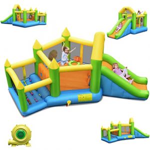 COSTWAY Ch&acirc;teau Gonflable en Forme de Pentagone avec Toboggan, Maison de Rebond Gonflable avec Piscine &agrave; Balles, Panier de Basket, Int&eacute;rieur Ext&eacute;rieur pour 3 Enfants de 3-10 Ans(avec souffleur 450W) (FDS GmbH, neuf)