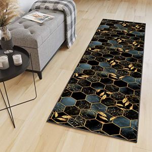 HaiTaoSy Tapis Cuisine Devant Evier Carreaux de Ciment 100 x 600cm, Tapis Couloir Antidérapant et Lavable (sur Mesure & 10 Designs), Motifs Hexagonal doré (Life- Home, neuf)
