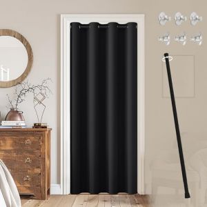 JCyh Rideau de Porte avec Tringle Rideau Extensible, Rideau Thermique Isolant Anti Froid avec Bouton Magn&eacute;tique, Rideau sans Percage, Hauteur 200 x Largeur 132 cm, Noir (JCYH, neuf)