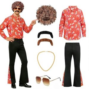 YushengTai Costume Disco Homme, Deguisement Disco Homme des Annees 70 avec Chemise Hippie Homme, Pantalon &Eacute;vas&eacute;, Perruque, Lunettes, Barbe & Or Cha&icirc;ne, Deguisement Annee 70 pour Carniva l (XXXL) (YUSHENGTAI, neuf)