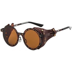 Lunettes de soleil rondes polaris&eacute;es r&eacute;tro steampunk pour hommes et femmes lunettes de soleil en m&eacute;tal mode cuir avec panneau lat&eacute;ral style gothique lunettes de soleil rondes (Une taille,Caf&eacute;) (ZihangDirect, neuf)