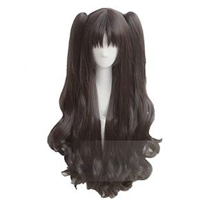 Perruque Cosplay Anime Jeu Destiné/Séjour Nuit Rin THAHSAKA 80 cm de long Queue de cheval marron bouclée Cheveux résistants à la chaleur Costume Perruque + titre + bonnet de perruque (qiu lai shan mao hang, neuf)