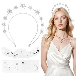 Bandeau à Cheveux Étoile avec Strass Serre-tête Double Couche Étoile Argent et 2pcs Tatouage Visage avec Étoiles Femme et Fille (A Mi A Mi Hong, neuf)