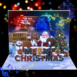 GREETING ART Carte de Noël musicale pop-up avec musique et lumière, Père Noël et bonhomme de neige 3D, joyeux Noël, billet pop-up fait à la main (GREETING ART, neuf)