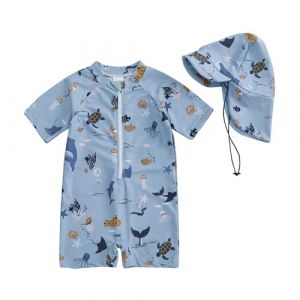 HodJIU Maillot de Bain B&eacute;b&eacute; Gar&ccedil;on Anti-UV Imprim&eacute; Dinosaure &agrave; Manches Courtes Costume de Bain Piscine Plage Surf (Bleu + Chapeau, 12_months-24_Months) (Haikouxunchuanhandianzishangwuyouxiangongsi, neuf)