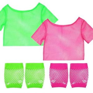 POPAPIE 2 Pi&egrave;ces Deguisement des Annee 80,T-Shirt en Resille,Hauts en R&eacute;sille Fluo pour Femme,T-Shirt en Maille pour Femme Tenue avec 2 Paires Gants pour Festival Carnaval F&ecirc;te &agrave; Th&egrave;me (Sincere-EU, neuf)