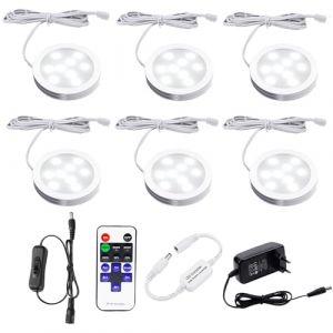 AIBOO LED Lampe Sous Meuble Cuisine avec Telecommande RF Sans Fil, Rond Ultra Slim Eclairage Encastré pour Placard, Prise Européenne, 6 Paquets Lumières LED pour vitrine 12V 12W (Blanc Froide 6000K) (Aiboo, neuf)