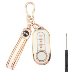 DXiongW 3 Boutons Coque Clé de Voiture pour Fiat 500 500X 500C 500L Bravo Panda Punto Grande Lancia Delta Ducato Doblo Scudo Fiorino Qubo Silicone Étui Housse de Protection Clef Blanc avec Porte-clés (ZHUOMAO, neuf)