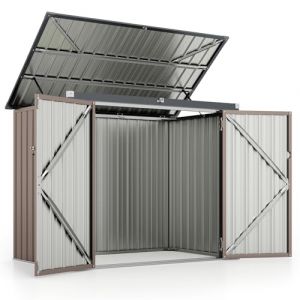 GOPLUS 1,51m² Abris de Jardin en Métal Galvanisé Extérieur, Cache Poubelle, Résistant aux Intempérie,Couvercle Relevable, 2 Portes Verrouillable, Structure Renforcée, 1,97m³,172x100x129cm (Gris Chaud) (Augenstern24, neuf)