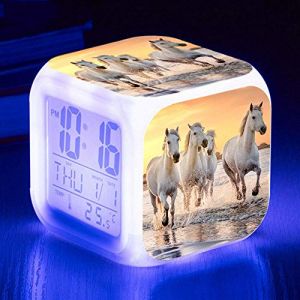 HUA5D Reveil Numerique Cheval Enfant Cadeau Wake Up Light Digital Alarm Clocks Fille & Garcon Ado Décoration Chambre- Animaux LED 7 Couleurs Changeantes Horloge ​Veilleuse(B80) (DLLBF, neuf)