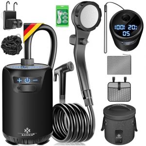 KESSER® Douche solaire de camping avec pompe et batterie rechargeable 8000 mAh | Kit de douche de camping avec pommeau de douche réglable, tuyau de 2 m, pistolet pulvérisateur, support et réservoir (WMK Trading GmbH, neuf)
