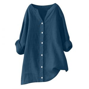 RLEHJN Chemise Lin Femme Chemisier Coton Et Lin pour Femmes Boheme Col V Boutonn&eacute; Shirt Basique Chemiser De Travail Ample Couleur Unie L&acirc;che Respirant T-Shirts Grande Taille Pas Cher Cadeau (⭐⭐⭐⭐⭐RLEHJN, neuf)