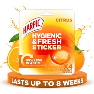 HARPIC Lot de 4 autocollants hygi&eacute;niques et frais pour bloc de toilettes, agrumes, d&eacute;sodorisant pour toilettes, sans applicateur en plastique. (Blacutt Market, neuf)