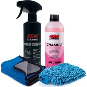 QM Cleaner Kit de nettoyage et de lustrage pour carrosserie de voiture | Comprend un shampooing concentr&eacute; 500ml, cire liquide &agrave; la carnauba 500ml, un gant de lavage et 2 microfibres pour l'ext&eacute;rieur (QM Cleaner, neuf)