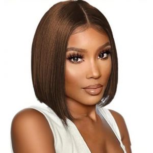 Perruque Bresilienne Cheveux Humain 4&times;4 Lace Wig Human Hair Bob Straight Perruque Femme Naturelle Br&eacute;silien Courte Cheveux Humain Lisse 150% Density Couleur Marron Chocolate Brown 12 Pouces (human virgin hair, neuf)