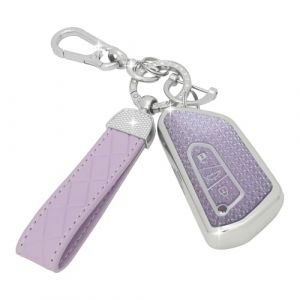SparkleJoy Coque Clé Voiture TPU avec Porte-Clés en Cuir,Etui Clé Étui Clé Compatible avec VW Volkswagen Cupra Formentor Born Golf 8 Seat Leon MK4 Ibiza Ateca Skoda Kodiaq Fabia Enyaq Octavia (Violet) (AutoVeloce Europe, neuf)