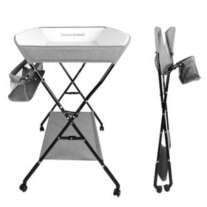 Table à langer pliante, table à langer avec panier de rangement, ceinture de sécurité+ 4 roues avec frein, réglable en hauteur（98-104cm）,PVC imperméable+ tissu Oxford(c,gris) (Willanmd, neuf)