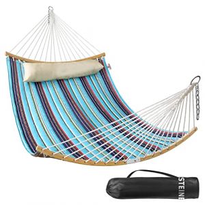 Bathonly Hamac Double, Hamac 2 Personnes en Tissu Matelassé De 335 cm pour l'Extérieur avec Oreiller, Barre d'écartement Incurvée Pliable, Chaînes, Sac de Transport, Capacité 204 Kg, Bleu Jean (Steinbrooks D, neuf)