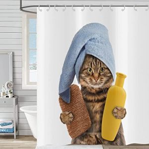 Hnmdmyi Rideau de douche amusant chat 180 x 200 cm, chaton marron mignon avec &eacute;ponge de bain shampooing et serviette bleue, rideau de baignoire pour enfants, dessin anim&eacute;, tissu polyester, imperm&eacute;able (Hnmdmyi, neuf)