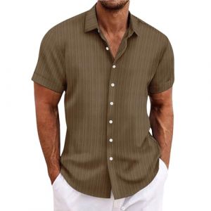 Chemise en lin pour homme - Manches courtes - Chemise en lin - Chemise de loisirs - Coupe droite - Chemise d'été avec col montant - Décontractée - Coupe droite - Chemise rayée, café, M (runBel, neuf)