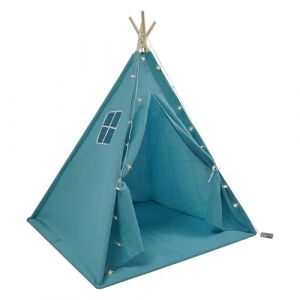 Tipi - Tente pour enfant avec tapis de sol et guirlande lumineuse - Tente de jeu pliable en coton - Pour l'int&eacute;rieur et l'ext&eacute;rieur - 120 x 120 x 140 cm - Bleu (NoneDanGee, neuf)