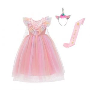 Lito Angels Deguisement Robe de Princesse Licorne pour Enfant Fille avec Cape et Serre-Tête Taille 2-3 ans, Rose Arc en ciel (étiquette en tissu 100) (Lito Angels FR, neuf)