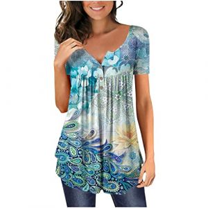 Chic Et &Eacute;l&eacute;gant Chemisier Femme Manches 3/4,T Shirt Imprim&eacute; Fleurs avec Pliss&eacute;,Tee Shirt Col en V Blouse De Boheme Hauts avec Boutons,D&eacute;contract&eacute;e Tunique &Eacute;t&eacute; Plage Travail Tunique Tops (Wyongtao❖, neuf)