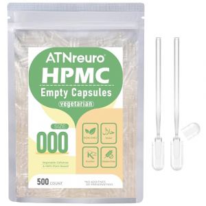 ATNreuro Gélules Vides Végétales Taille 000 (500 unités) - Gélules Vides Végétaliennes à Remplir - Transparent - Végétarien - Capsule Vide avec Micro Cuillère - Idéales pour Vitamines et Compléments (ATNreuro, neuf)