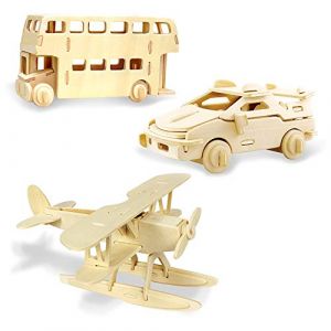 Georgie Porgy Puzzles en Bois 3D - Hydravion, Ferrari, London Bus - 3 Ensembles de 28, 33 et 26 Pièces - Pour Enfants de 5 Ans et Plus (Georgie Porgy, neuf)