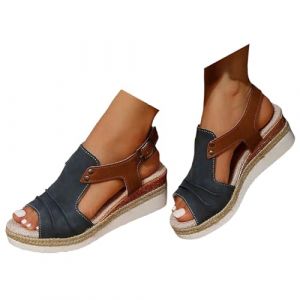 Sandales compensées pour femme - Espadrilles en cuir pour femme - Bout ouvert - Sangle de cheville - Décontractées - Élégantes - Pour l'été - Plate-forme - Sandales à enfiler - Talons compensés, 37.5 (?Katpost?✈Livraison rapide: 7-21 jours✈, neuf)
