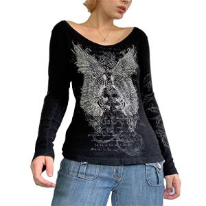 Y2K Haut &agrave; manches longues pour femme Tee Sexy Gothique Croix Ailes Imprim&eacute; Patchwork Col en V Basic Slim Fit Chemisier Tops Vintage Fairy Grunge Streetwear, Noir #2., S (Harri me, neuf)