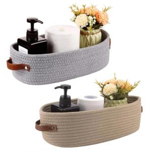TIANLIN Lot de 2 Panier Rangement Tress&eacute; en Coton, 1 Gris & 1 Kaki 33&times;15&times;10 cm, Petit Panier Rangement avec Poign&eacute;es en Cuir pour Salle de Bain, Chambre, Cuisine et Table &agrave; Langer (TIANLINN, neuf)