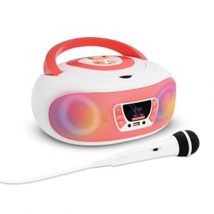 MOOOV 477409 Lecteur CD Radio FM Karaoké Bluetooth pour Enfant avec Micro et Effets Lumineux - Poste Portable avec Poignée - Alimentation Secteur ou Piles (METRONIC STORE, neuf)
