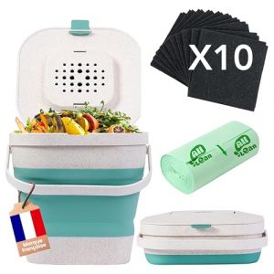 Composteur de Cuisine sans Odeur avec 10 Filtres à Charbon - Poubelle à Compost 4L pour Cuisine & Appartement – Kit avec Seau + 10 Filtres Anti-Odeur + 25 Sacs Poubelle + Guide Compost (Verte) (All Lean, neuf)