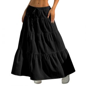 Jupe Longue Blanche,Jupes Longue Boheme,Jupe De Plage Vacances Décontractée,Cordon De Serrage Blanc Taille Elastique,A-Ligne Été Taille Haute,De Plage Vacances,Noir,L (Arien56kin, neuf)
