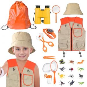 Kit de recherche pour enfants - Ensemble d'explorateur - Gilet, chapeau, jumelles, loupe - Pour jouets d'ext&eacute;rieur enfants &agrave; partir de 6 ans - Kit d'aventure en plein air pour la randonn&eacute;e, le camping (matree, neuf)