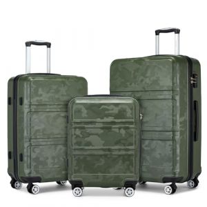 Kono Set de 3 Valises Rigide Bagage Cabine + Valise Moyenne 65cm + Valise Grande 74cm avec 4 roulettes et Serrure TSA, Vert/Camouflage (DL-accessories, neuf)