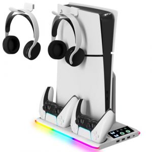 Yaskyly Support PS5/Slim/Pro Ventilateur de Refroidissement PS5 &agrave; 3 Vitesses, Chargeur Manette PS5 pour PlayStation 5 avec Indicateur RVB Station de Recharge pour PlayStation 5 avec 3 Ports USB (Yaskyly, neuf)