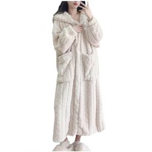 Flodxo Peignoir à capuche pour femmes en polaire douce et pelucheuse - Robe de chambre confortable et chaude - Robe longue d’hiver - Robe de nuit ample - Robe en tissu éponge pleine longueur, blanc, L (xiyunxuan, neuf)