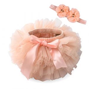 Vobozeany B&eacute;b&eacute; Fille Jupe Tutu en Tulle Doux + Bandeau &agrave; Fleurs Tutu Mini Jupe Princesse Pettiskirt Nouveau-N&eacute; Naissance Costume pour Photographie Anniversaire F&ecirc;te Bapt&ecirc;me (Vobony, neuf)