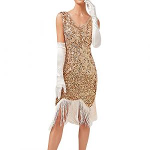 KBOPLEMQ Gatsby Costume Charleston pour femme - Robe de soirée - Robe de bal de fin d'année 1920 - Style rétro - Robe à paillettes - Robe longue années 1920 - Robe de cocktail en maille, N doré, S (VISNA, neuf)