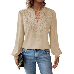 TUUHAW Tunique Femme Longue Top Femme Boh&egrave;me Manches Longues &Eacute;l&eacute;gant Automne Col en V Volants Fluide &agrave; Point Suisse T-Shirts Chemise Mousseline Tshirt D&eacute;contract&eacute; Loose Basique Blouses Abricot XL (TROFANO, neuf)