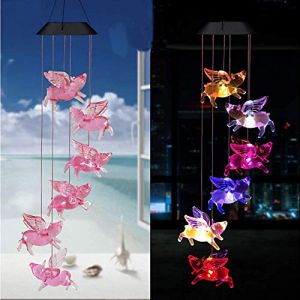 Ulalaza Carillon de Vent Solaire ext&eacute;rieur LED Couleur Suspendue Lampe de Cochon Volant lumi&egrave;res solaires Mobiles d&eacute;cor Romantique pour Patio Jardin Cour d&eacute;coration de la Maison (ToBe-One, neuf)